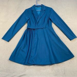 Women’s Teal/Blue Lapel Collared Long sleeves Button Closure Knee Length Dress,6